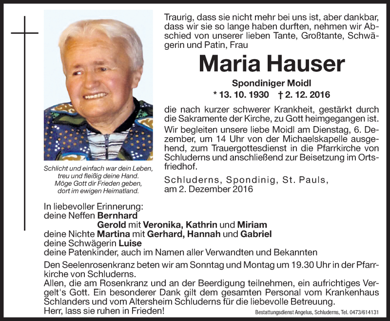  Traueranzeige für Maria Hauser vom 03.12.2016 aus Dolomiten