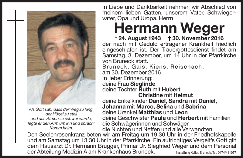  Traueranzeige für Hermann Weger vom 02.12.2016 aus Dolomiten
