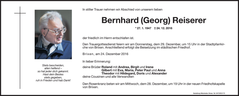  Traueranzeige für Bernhard Reiserer vom 28.12.2016 aus Dolomiten