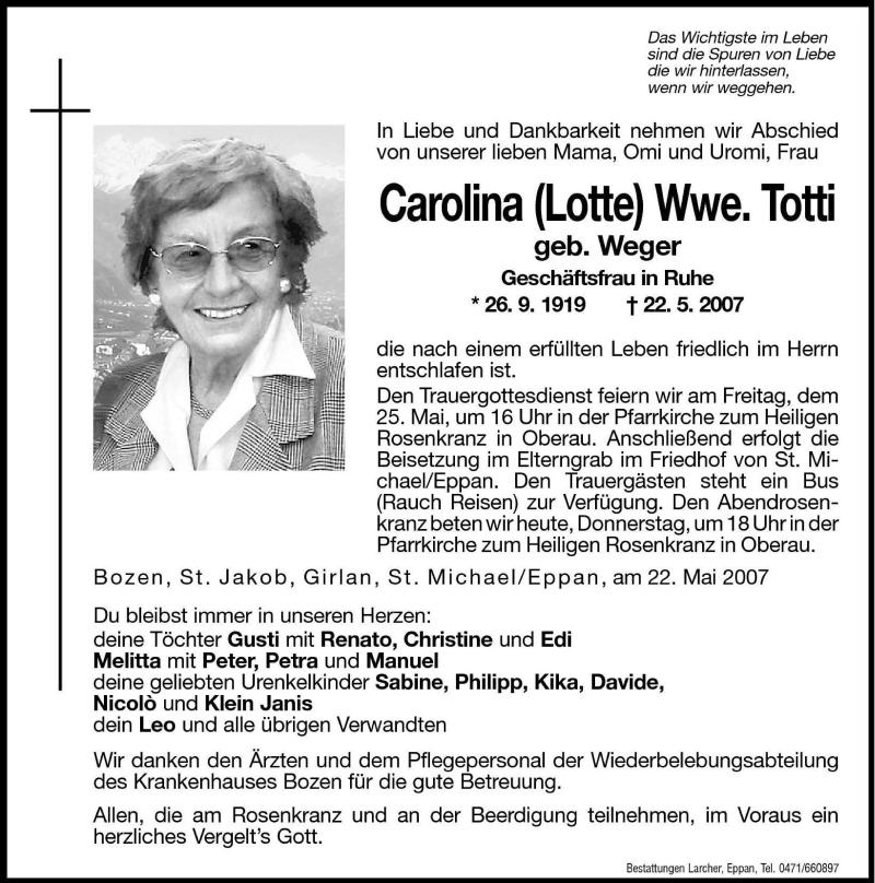  Traueranzeige für Carolina Totti vom 24.05.2007 aus Dolomiten