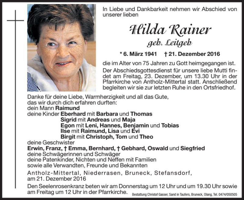  Traueranzeige für Hilda Rainer vom 22.12.2016 aus Dolomiten