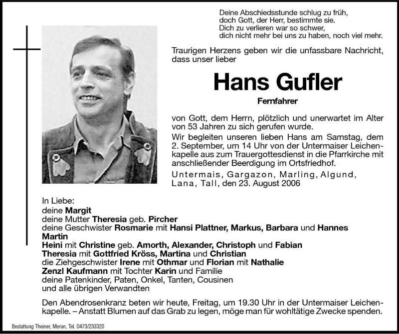  Traueranzeige für Hans Gufler vom 01.09.2006 aus Dolomiten