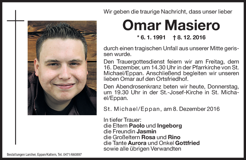  Traueranzeige für Omar Masiero vom 15.12.2016 aus Dolomiten