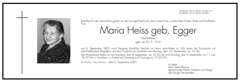  Traueranzeige für Maria Heiss vom 08.09.2001 aus Dolomiten