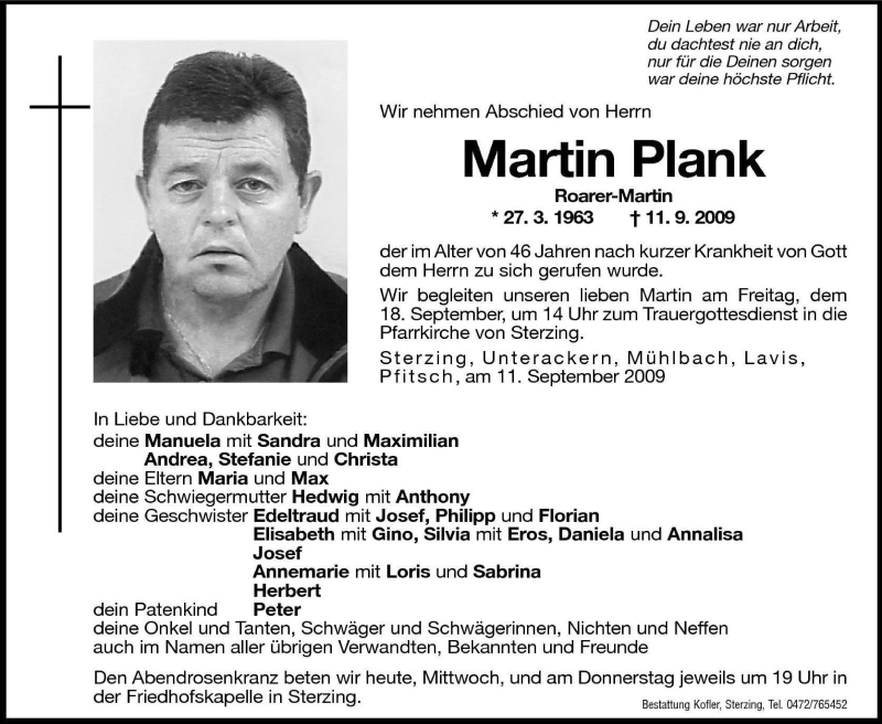  Traueranzeige für Martin Plank vom 16.09.2009 aus Dolomiten