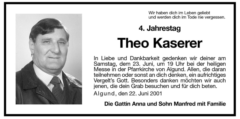  Traueranzeige für Theo Kaserer vom 22.06.2001 aus Dolomiten