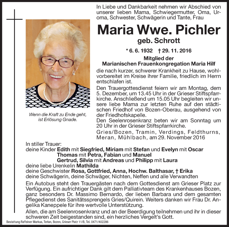  Traueranzeige für Maria Pichler vom 01.12.2016 aus Dolomiten