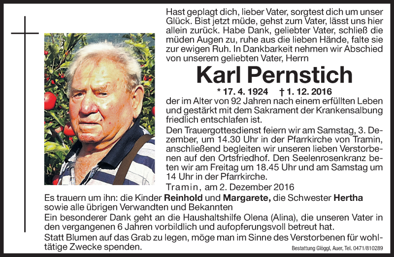  Traueranzeige für Karl Pernstich vom 02.12.2016 aus Dolomiten