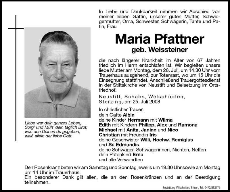  Traueranzeige für Maria Pfattner vom 26.07.2008 aus Dolomiten