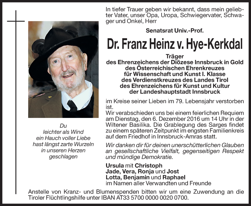  Traueranzeige für Franz Heinz  v. Hye-Kerkdal vom 03.12.2016 aus Dolomiten