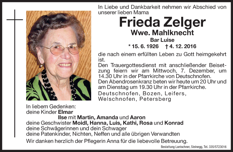  Traueranzeige für Frieda Mahlknecht vom 05.12.2016 aus Dolomiten