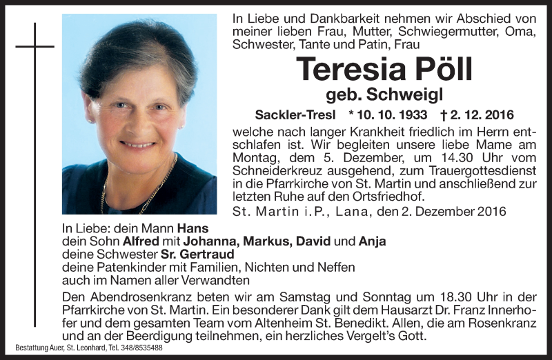  Traueranzeige für Teresia Pöll vom 03.12.2016 aus Dolomiten