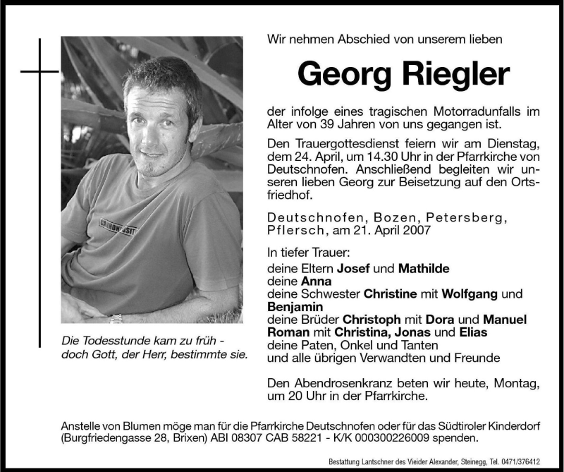  Traueranzeige für Georg Riegler vom 23.04.2007 aus Dolomiten