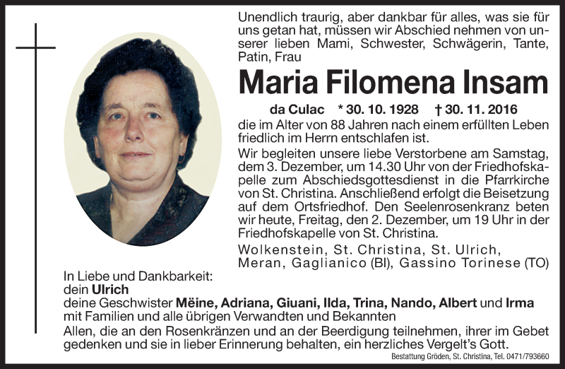  Traueranzeige für Maria Filomena Insam vom 02.12.2016 aus Dolomiten