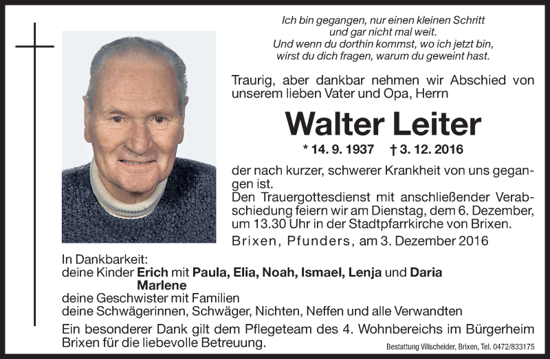  Traueranzeige für Walter Leiter vom 05.12.2016 aus Dolomiten