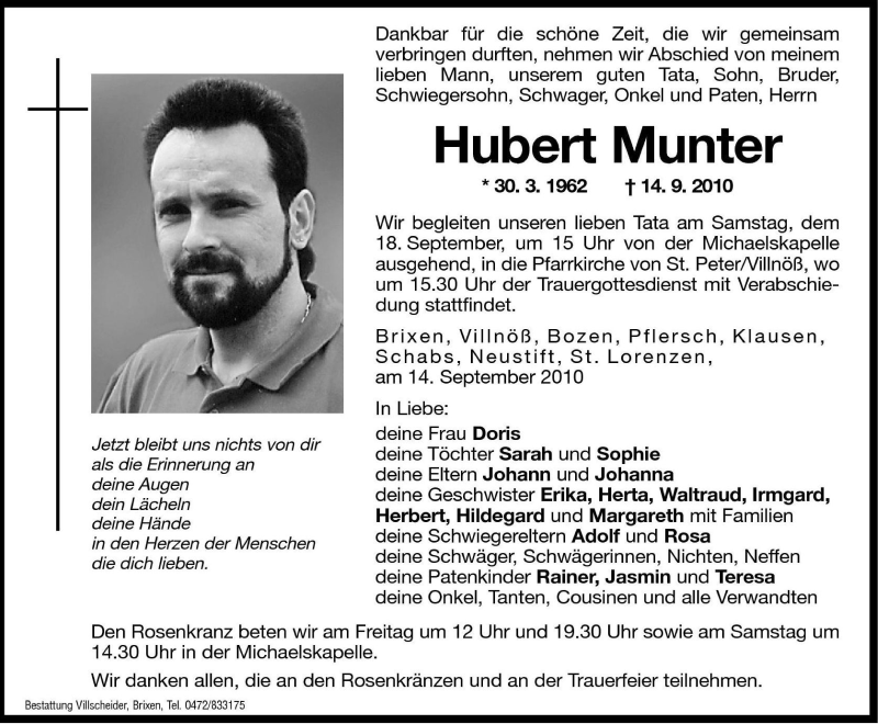  Traueranzeige für Hubert Munter vom 17.09.2010 aus Dolomiten