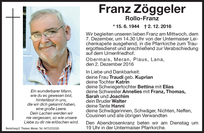  Traueranzeige für Franz Zöggeler vom 05.12.2016 aus Dolomiten