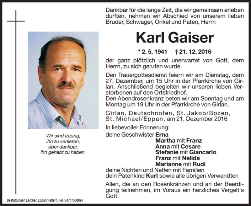 Traueranzeige für Karl Gaiser vom 23.12.2016 aus Dolomiten