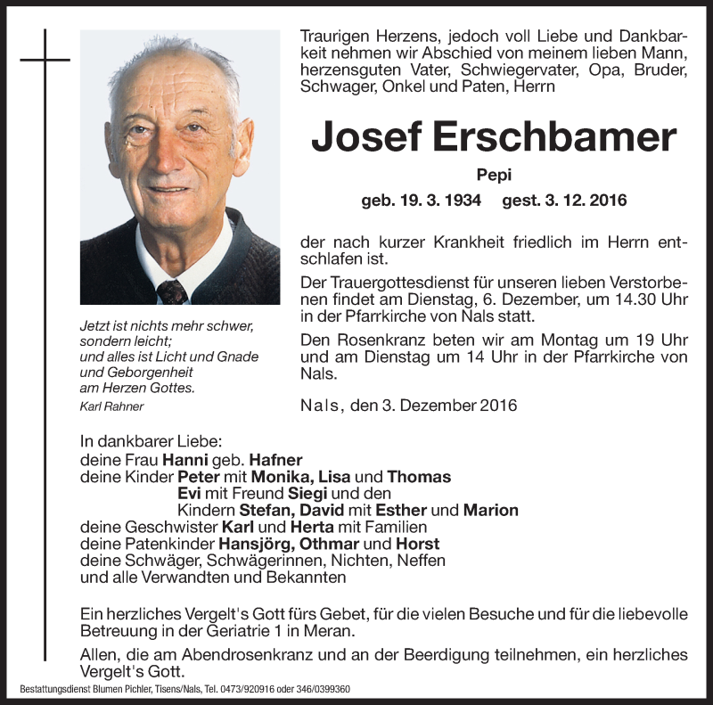  Traueranzeige für Josef Erschbamer vom 05.12.2016 aus Dolomiten