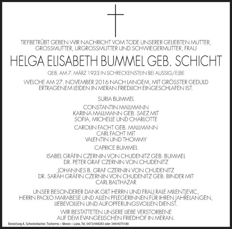 Traueranzeige für Helga Elisabeth Bummel vom 05.12.2016 aus Dolomiten