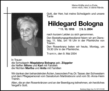 Traueranzeige von Hildegard Bologna von Dolomiten