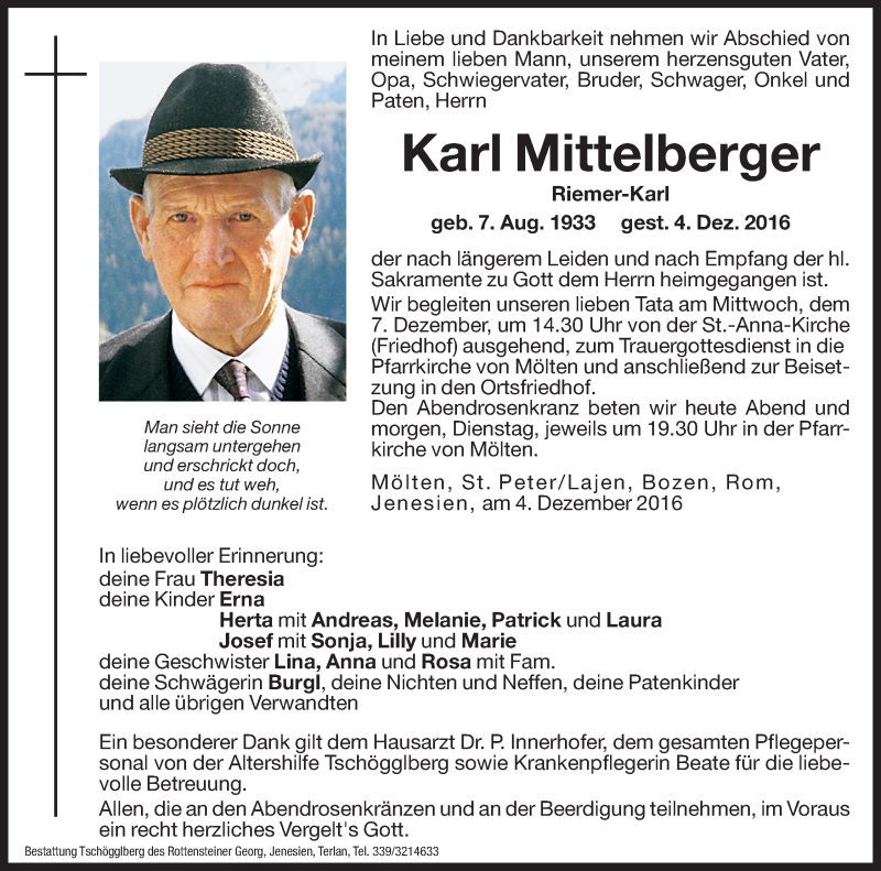  Traueranzeige für Karl Mittelberger vom 05.12.2016 aus Dolomiten