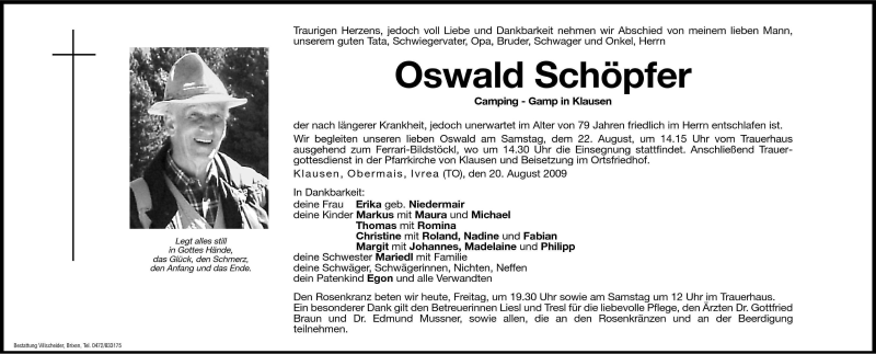  Traueranzeige für Oswald Schöpfer vom 21.08.2009 aus Dolomiten