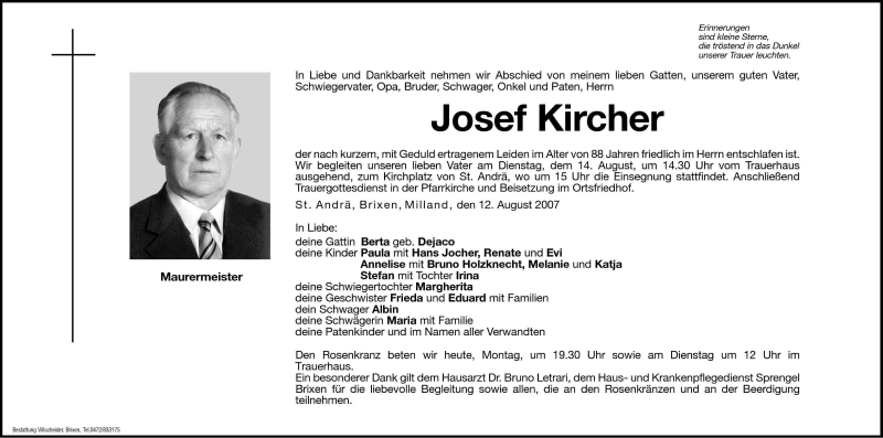  Traueranzeige für Josef Kircher vom 13.08.2007 aus Dolomiten