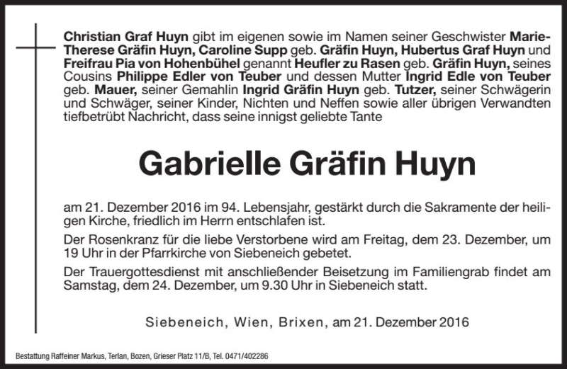  Traueranzeige für Gabrielle Gräfin Huyn vom 23.12.2016 aus Dolomiten