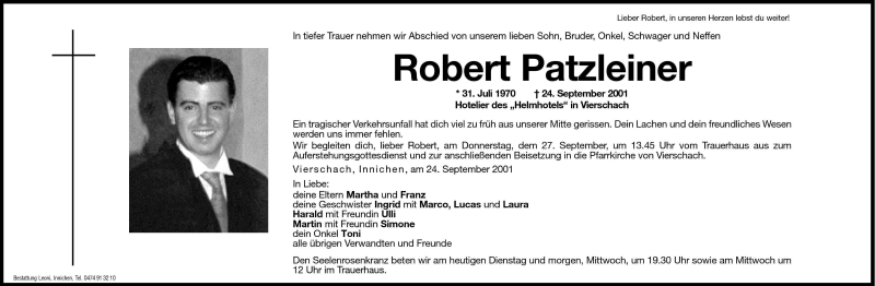 Traueranzeige für Robert Patzleiner vom 25.09.2001 aus Dolomiten