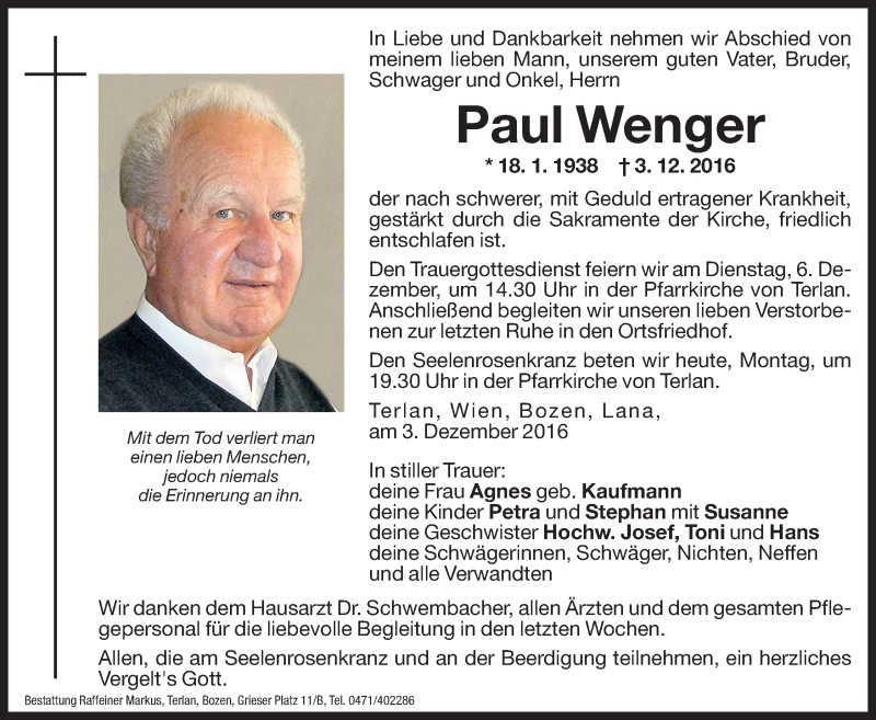  Traueranzeige für Paul Wenger vom 05.12.2016 aus Dolomiten