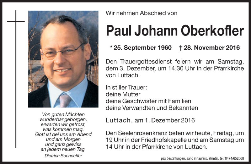  Traueranzeige für Paul Johann Oberkofler vom 02.12.2016 aus Dolomiten