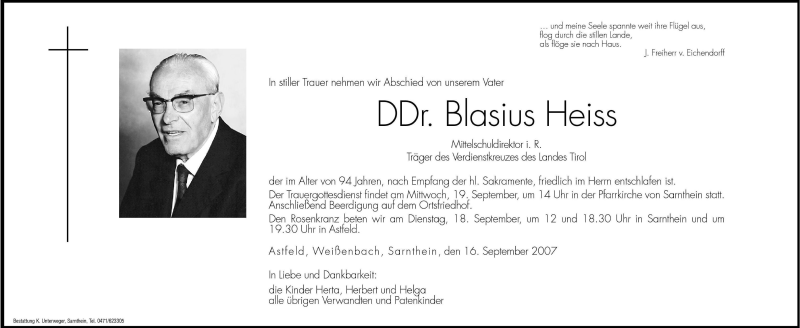  Traueranzeige für Blasius Heiss vom 18.09.2007 aus Dolomiten