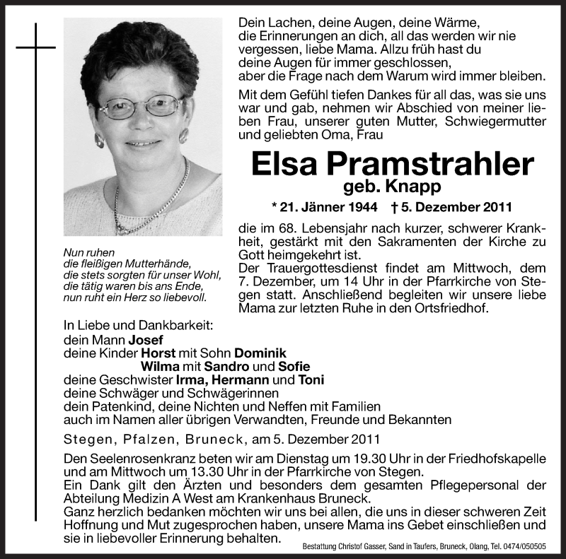  Traueranzeige für Elsa Pramstrahler vom 06.12.2011 aus Dolomiten