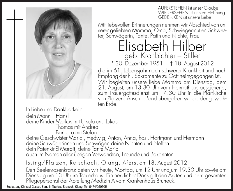  Traueranzeige für Elisabeth Hilber vom 20.08.2012 aus Dolomiten