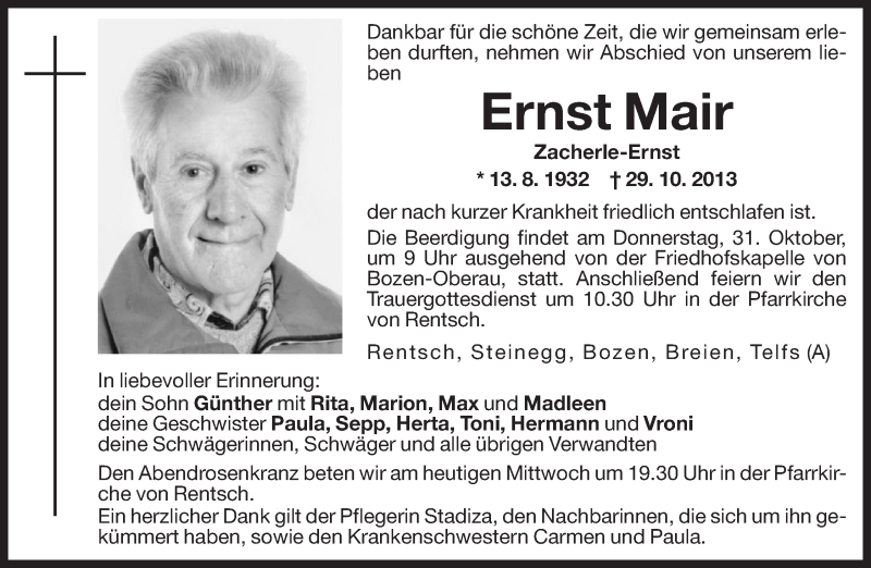  Traueranzeige für Ernst Mair vom 30.10.2013 aus Dolomiten