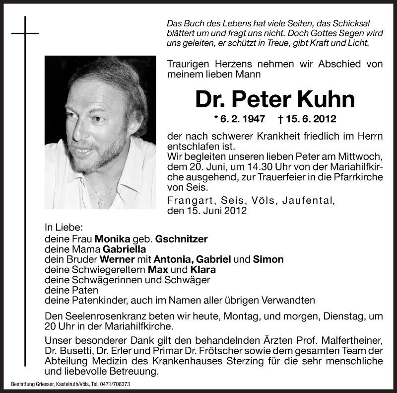 Traueranzeige für Peter Kuhn vom 18.06.2012 aus Dolomiten