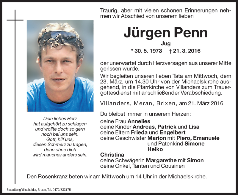  Traueranzeige für Jürgen Penn vom 23.03.2016 aus Dolomiten