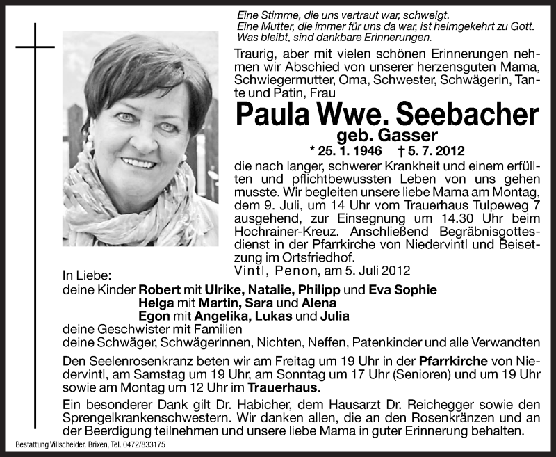  Traueranzeige für Paula Seebacher vom 06.07.2012 aus Dolomiten