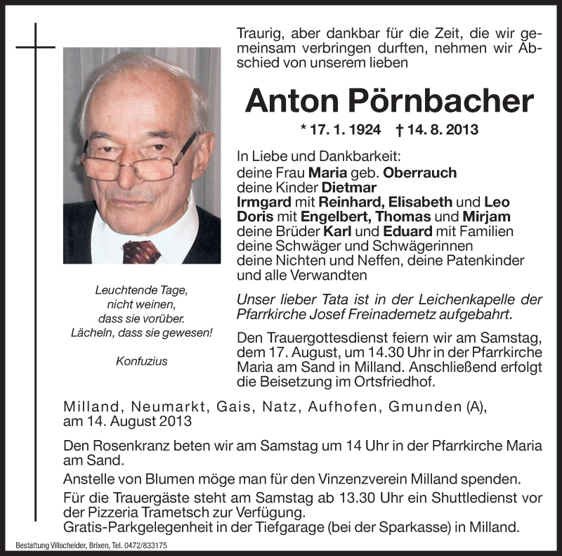  Traueranzeige für Anton Pörnbacher vom 17.08.2013 aus Dolomiten