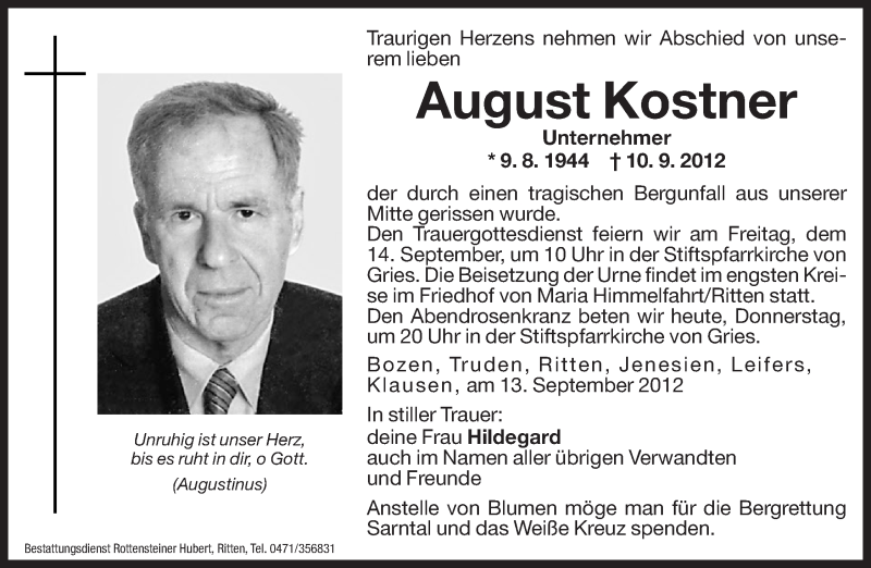  Traueranzeige für August Kostner vom 13.09.2012 aus Dolomiten