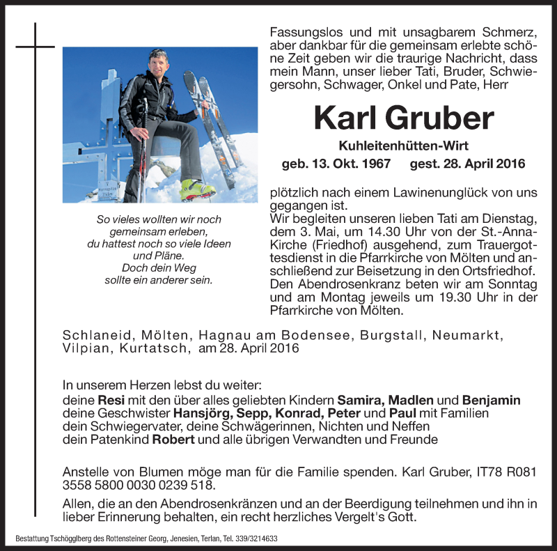  Traueranzeige für Karl Gruber vom 30.04.2016 aus Dolomiten