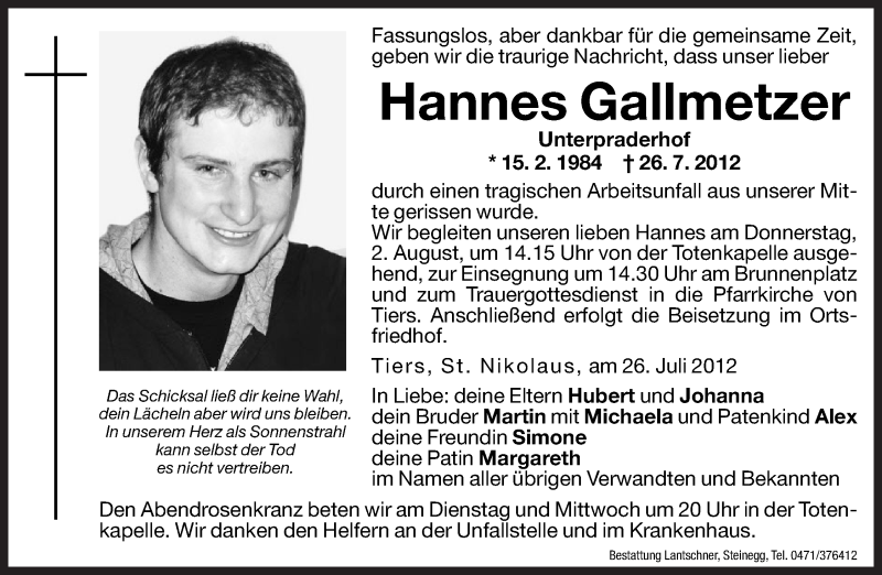  Traueranzeige für Hannes Gallmetzer vom 30.07.2012 aus Dolomiten