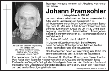 Traueranzeige von Johann Pramsohler von Dolomiten
