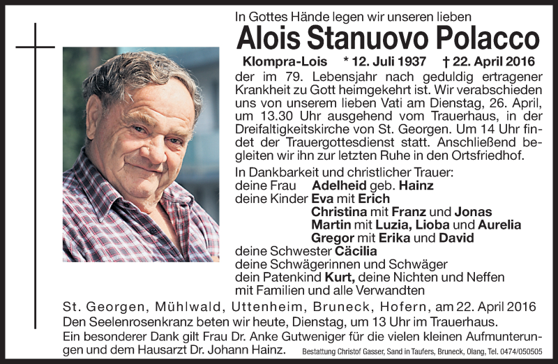  Traueranzeige für Alois Stanuovo Polacco vom 26.04.2016 aus Dolomiten