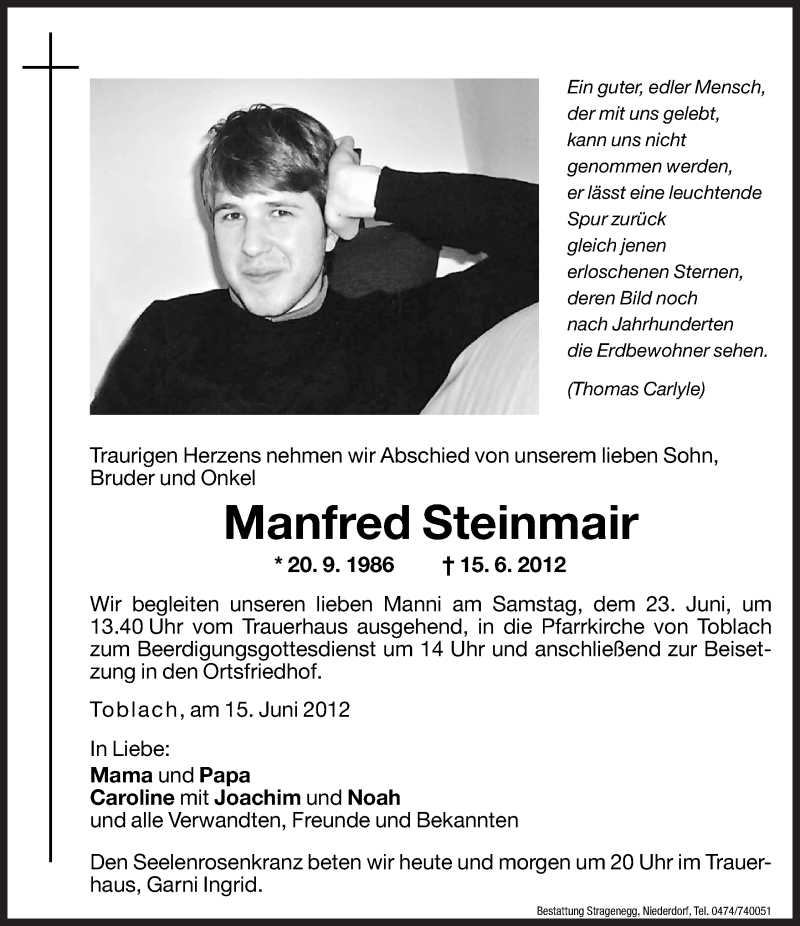  Traueranzeige für Manni Steinmair vom 21.06.2012 aus Dolomiten