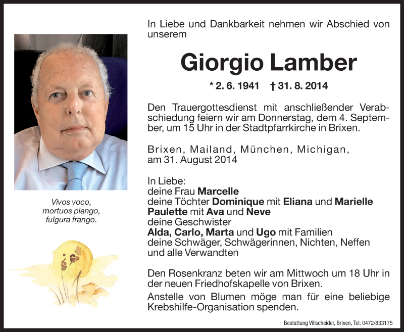  Traueranzeige für Giorgio Lamber vom 03.09.2014 aus Dolomiten