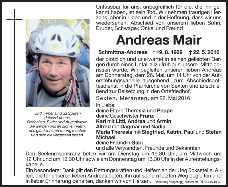  Traueranzeige für Andreas Mair vom 24.05.2016 aus Dolomiten