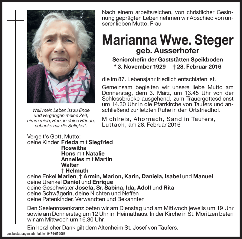  Traueranzeige für Marianna Steger vom 01.03.2016 aus Dolomiten