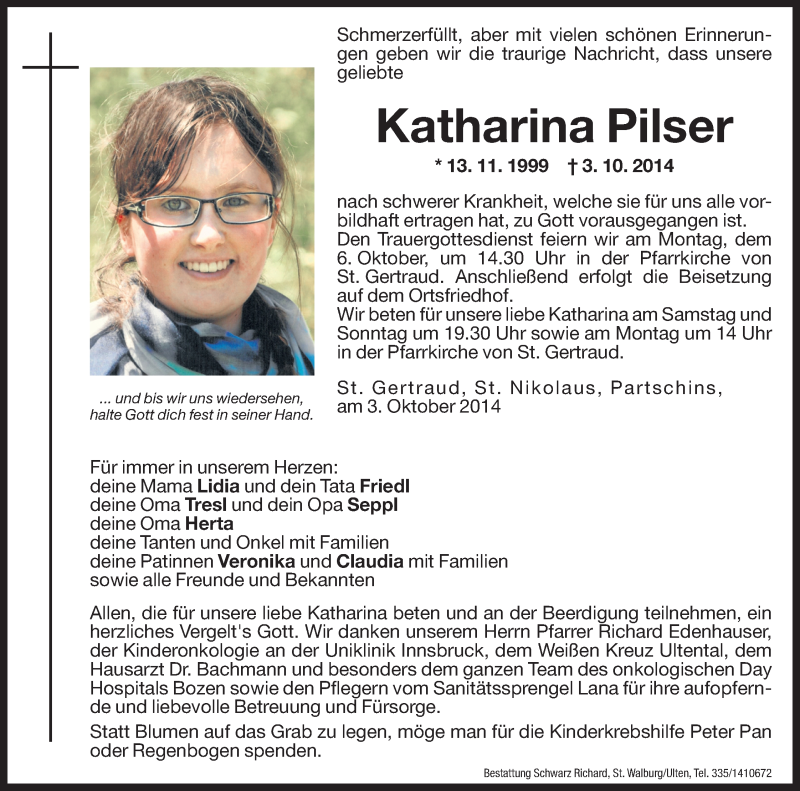  Traueranzeige für Katharina Pilser vom 04.10.2014 aus Dolomiten